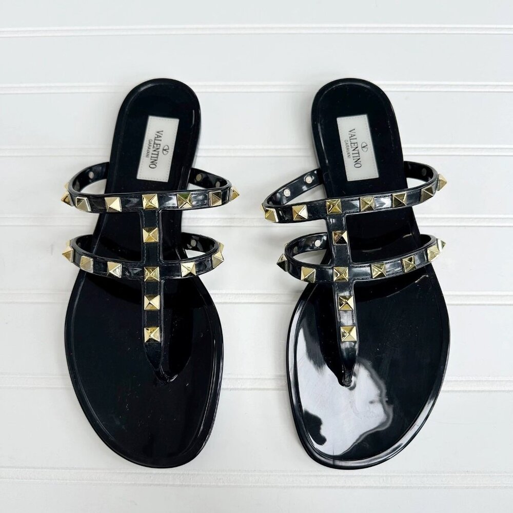 Valentino Garavani Rockstud Black Jelly Sandal Flip Flop Stud Shiny Slide SZ 37